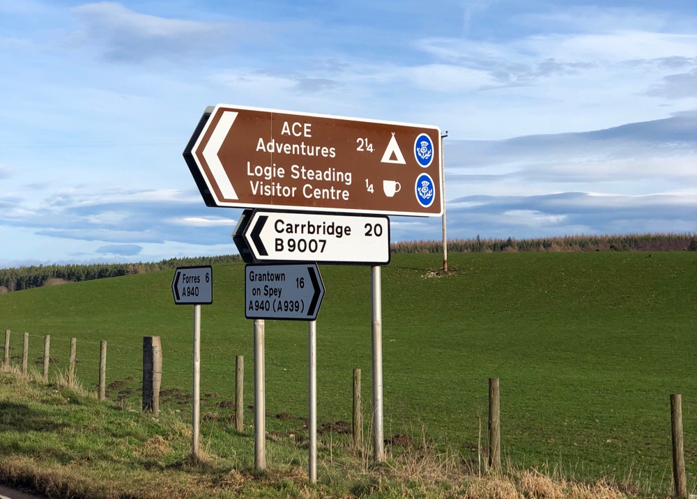 look out for the brown sign to Logie Steading on the A940